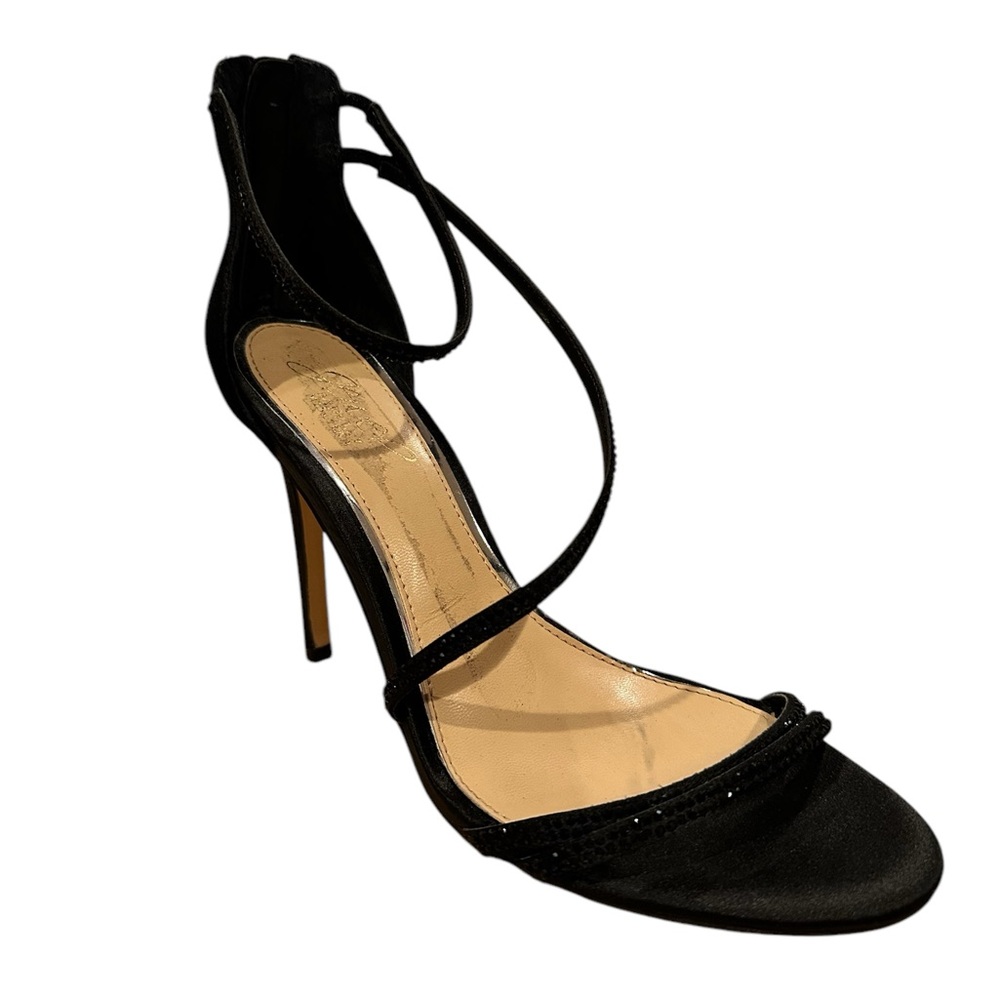 BADGLEY MISHKA JEWEL STILETTO BLACK SATIN ANKLE STRAPPY HEELS SHOES 7